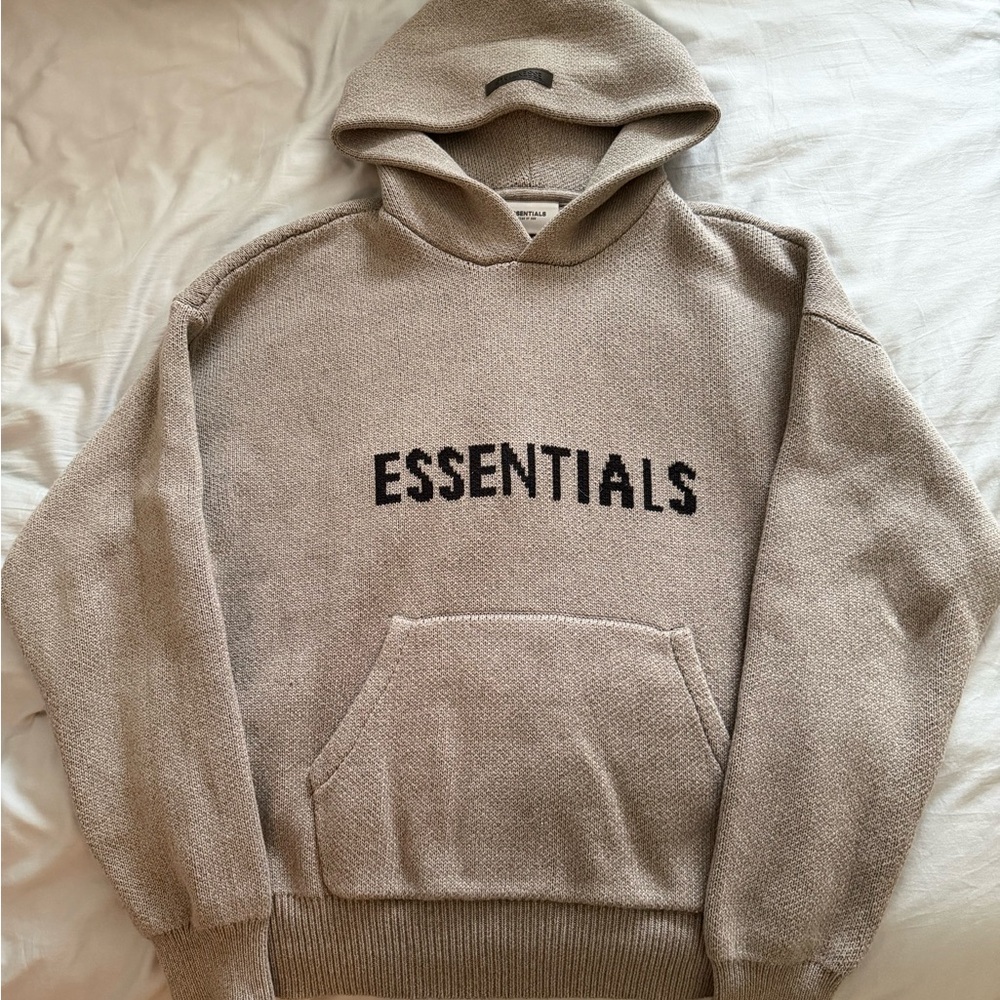 Essentials Taupe Knit Hoodie with Black Logo